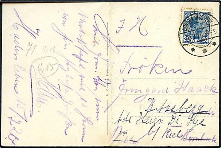 20 øre Chr. X på brevkort annulleret med brotype IIb Sønder Vilstrup d. 28.7.1920 til Eckernförde, Tyskland - eftersendt til Kitzeberg bei Kiel. Lodret fold.