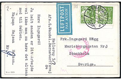 15 øre Karavel i parstykke på luftpost brevkort fra København d. 5.7.1943 til Stockholm, Sverige. Dansk censur. 