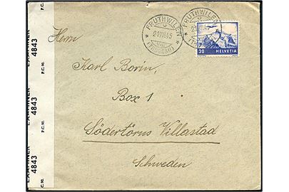 30 c. Luftpost single på brev fra Fruthwilen d. 21.8.1945 til Södertörns Villastad, Sverige. Åbnet af britisk censur PC90/4843.