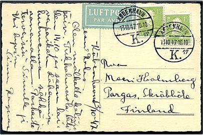 15 øre Chr. X (2) på luftpost brevkort fra København d. 13.10.1947 til Pargas, Finland.