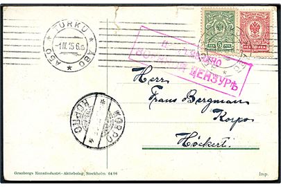 5 pen. og 10 pen. Våben på brevkort fra Åbo d. 1.4.1915 til Korpo. Rødt russisk sproget censurstempel.