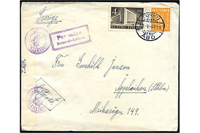 2 mk. Løve og 4 mk. Postbygning på luftpostbrev fra Åbo d. 10.5.1944 til Äppelviken, Sverige. Åbnet af finsk censur.