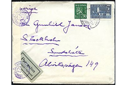 50 pen. Løve og 5 mk. Olofsborg på luftpostbrev annulleret med svagt stempel 1943 til Stockholm, Sverige. Åbnet af finsk censur.
