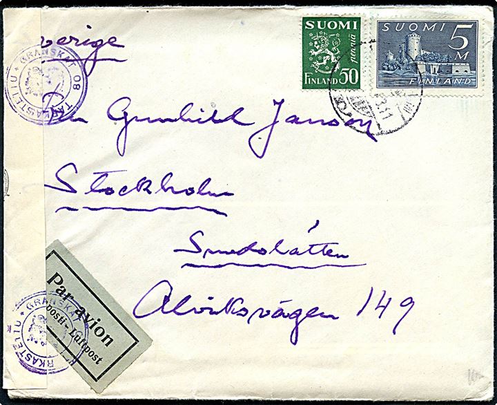 50 pen. Løve og 5 mk. Olofsborg på luftpostbrev annulleret med svagt stempel 1943 til Stockholm, Sverige. Åbnet af finsk censur.