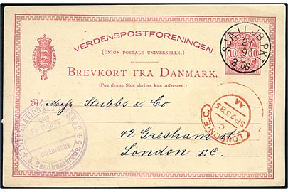 10 øre Våben helsagsbrevkort fra Kjøbenhavn annulleret med lapidar bureaustempel Sjæll. JB.PKT. d. 21.9.1885 til London, England.