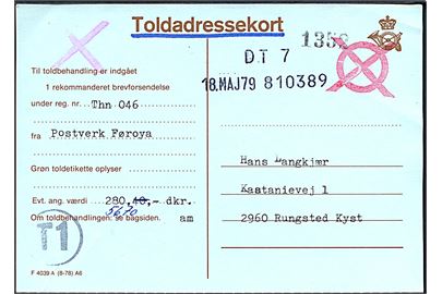 Toldadressekort - formular F 4039 A (8-78) A6 - for anbefalet brev fra Thorshavn til Rungsted Kyst, Danmark. 