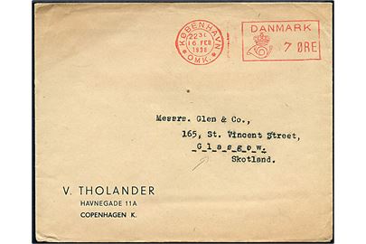 7 øre posthusfranko på tryksag fra København * OMK. * d. 16.2.1938 til Glasgow, Scotland.