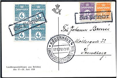 4 øre Bølgelinie i fireblok, samt 12 øre og 10 øre helsagsafklip, på brevkort annulleret med rammestempel Med Postrytter og sidestemplet København * Landbrugsudstillingen 1938 * d. 17.5.1938 til Svendborg.