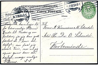 5 øre helsagsafklip anvendt som frankering på brevkort fra Kjøbenhavn d. 14.7.1908 til Kerteminde.