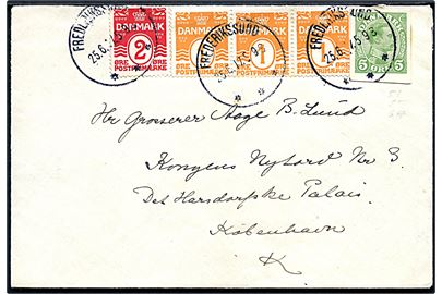 1 øre (3-stribe), 2 øre Bølgelinie og 5 øre Chr. X helsagsafklip på brev fra Frederikssund d. 25.6.1917 til København.