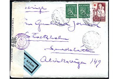 50 pen. Løve (par) og 2,75 mk. + 25 pen. Røde Kors på luftpostbrev fra Helsingfors d. 12.1.1941 til Stockholm, Sverige. Åbnet af finsk censur.