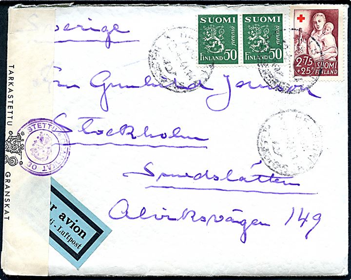 50 pen. Løve (par) og 2,75 mk. + 25 pen. Røde Kors på luftpostbrev fra Helsingfors d. 12.1.1941 til Stockholm, Sverige. Åbnet af finsk censur.