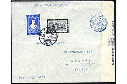 2,75 mk. + 25 pen. Våbenbroderskab og 2,75 mk. Kallio sørgemærke på brev fra Turko d. 25.5.1941 til Spånga, Sverige. Åbnet af finsk censur.