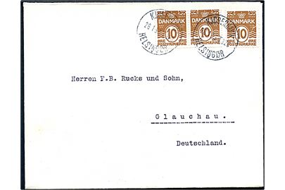 10 øre Bølgelinie (3) på brev annulleret med bureaustempel Kjøbenhavn - Helsingør T.328 d. 28.1.1933 til Glauchau, Tyskland.
