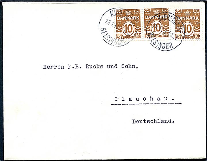 10 øre Bølgelinie (3) på brev annulleret med bureaustempel Kjøbenhavn - Helsingør T.328 d. 28.1.1933 til Glauchau, Tyskland.
