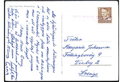 20 øre Fr. IX på brevkort fra Klampenborg annulleret med svensk liniestempel MAKULERAS til Visby, Sverige. 