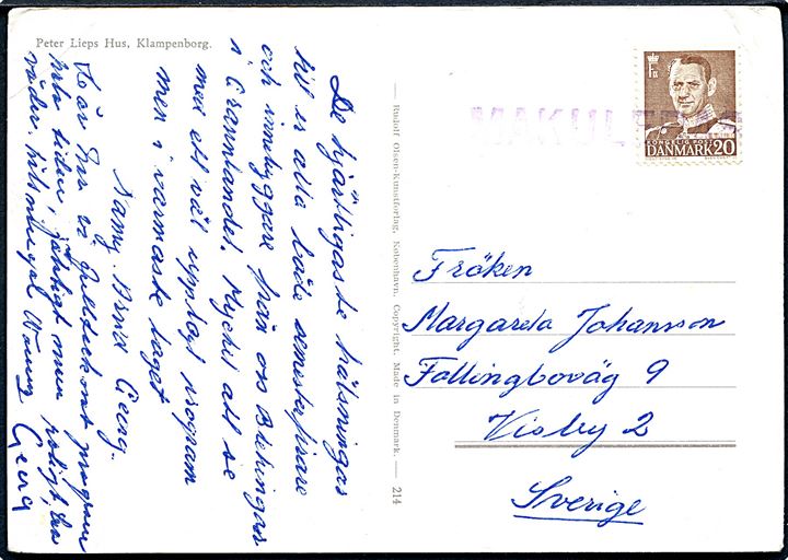 20 øre Fr. IX på brevkort fra Klampenborg annulleret med svensk liniestempel MAKULERAS til Visby, Sverige. 