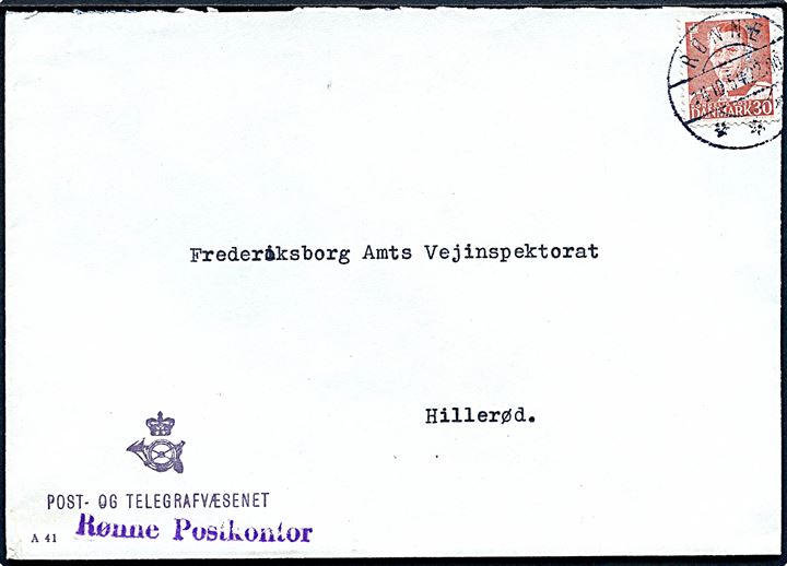 30 øre Fr. IX på fortrykt kuvert fra Post- og Telegrafvæsenet i Rønne d. 14.10.1954 til Hillerød. Liniestempel Rønne Postkontor.