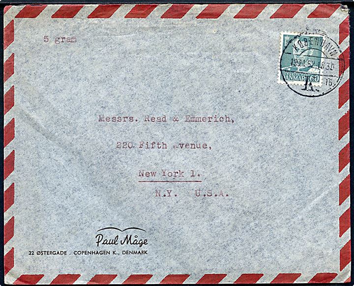 60 øre Fr. IX på 5 gram brev fra København d. 19.11.1952 til New York, USA.