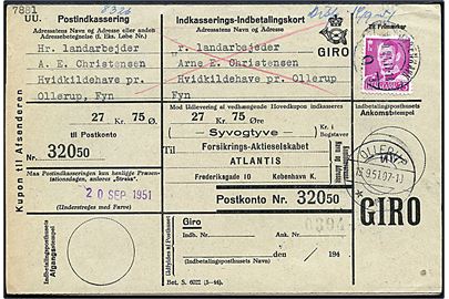 75 øre Fr. IX single på retur Indkaserings-Indbetalingskort fra København d. 11.9.1951 til Ollerup.