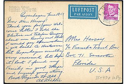 75 øre Fr. IX single på luftpost brevkort fra København d. 18.6.1951 til Sarasota, USA.