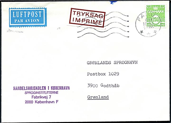 230 øre Bølgelinie single på luftpost tryksag fra Farum d. 6.1.1984 til Godthåb, Grønland.