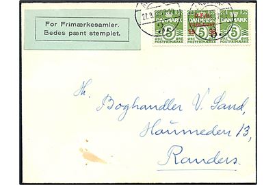 5 øre Bølgelinie og D.F.U. FRIM.UDST. 1938 provisorium i 3-stribe på brev fra Aalborg d. 22.9.1938 til Randers. Tidlig letstemplings-etiket
