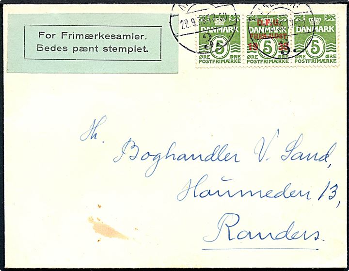 5 øre Bølgelinie og D.F.U. FRIM.UDST. 1938 provisorium i 3-stribe på brev fra Aalborg d. 22.9.1938 til Randers. Tidlig letstemplings-etiket