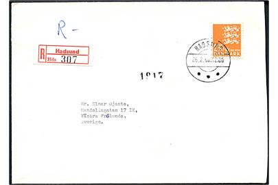 2,20 kr. Rigsvåben single på anbefalet brev fra Hadsund d. 26.2.1968 til Frölunda, Sverige.