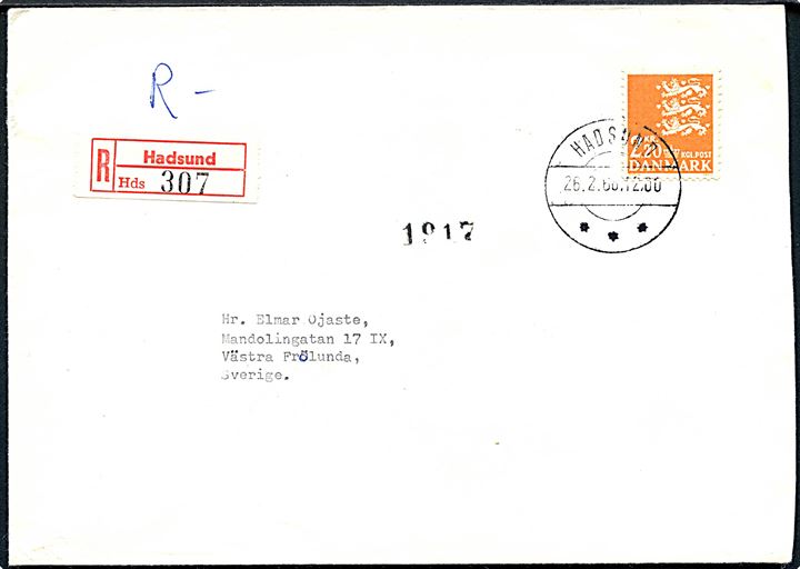 2,20 kr. Rigsvåben single på anbefalet brev fra Hadsund d. 26.2.1968 til Frölunda, Sverige.
