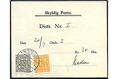 10 øre og 20 øre Portomærke på tidlig debetseddel Skyldig Porto formular B.61 9/28 fra Middelfart d. 23.7.1936.