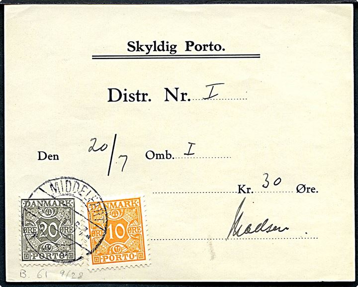 10 øre og 20 øre Portomærke på tidlig debetseddel Skyldig Porto formular B.61 9/28 fra Middelfart d. 23.7.1936.