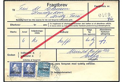 90 øre Fr. IX i parstykke og 5 kr. Rigsvåben Postfærgemærke på fragtbrev for ilgods fra Esbjerg d. 9.10.1975 til Nordby, Fanø.