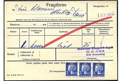 100 øre Margrethe Postfærgemærke i vandret 3-stribe på fragtbrev fra Esbjerg d. 22.6.1976 til Nordby, Fanø.