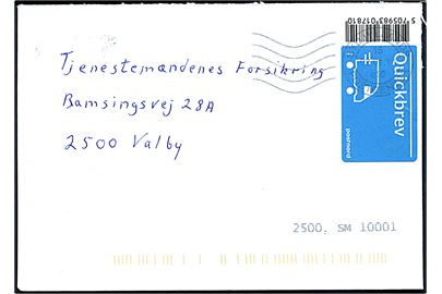 Postnord Quickbrev 2016 mærkat på brev fra Kolding stemplet Sydjyllands Postcenter d. 2.1.2017 til Valby.