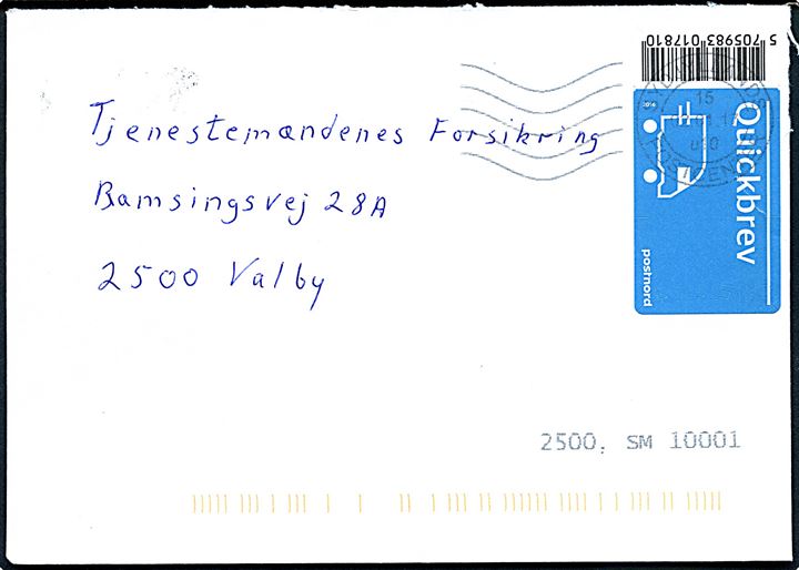 Postnord Quickbrev 2016 mærkat på brev fra Kolding stemplet Sydjyllands Postcenter d. 2.1.2017 til Valby.