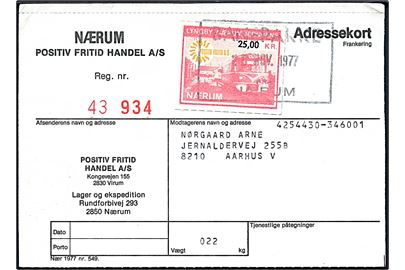 Lyngby - Nærum Jernbane 25 kr. banemærke på adressekort fra Nærum d. 25.11.1977 til Aarhus.