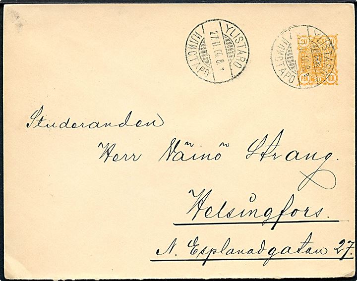 20 pen. helsagskuvert annulleret med 2-sproget stempel Ylistaro d. 27.2.1900 til Helsingfors.