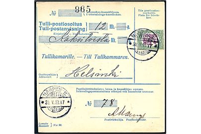 1½ mk. Løve single på toldpostanvisning fra Närpes B. d. 30.5.1929 til Helsinki.