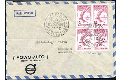 12+2 mk. Olympiade udg. i fireblok på luftpostbrev annulleret med særstempel Helsinki XV Olympia d. 24.7.1952 til Göteborg, Sverige.