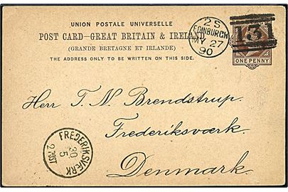 1d Victoria helsagsbrevkort annulleret med duplex-stempel Edinburgh/131 d. 27.5.1890 til Frederiksværk, Danmark. Ank.stemplet med lapidar Frederiksværk d. 30.5.1890