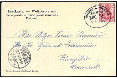 10 pfg. Germania på brevkort annulleret med bureaustempel Woyens - Rödding Bahnpost Zug 31 d. 16.7.1904 til Rungsted, Danmark.