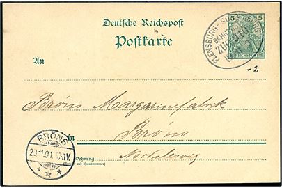 5 pfg. Germania helsagsbrevkort fra Graasten annulleret med bureaustempel Flensburg - Sonderburg Bahnpost Zug 910 d. 19.11.1901 til Brøns.