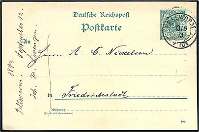 5 pfg. Ciffer helsagsbrevkort annulleret med 2-ringsstempel Pellworm d. 13.9.1893 til Friedrichstadt.