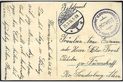 Ufrankeret marinefeltpostkort fra Warnemünde d. 21.3.1915 fra sønderjyde ombord på lazaretskib Imperator til Paholm pr. Fünenshaff på Als. Briefstempel: Kaiserlische Marine / Hilfslazarettschiff D Imperator. 