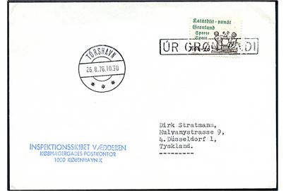 Grønaldsk 100+20 øre Sport på brev annulleret med skibsstempel Úr Grønlandi og sidestemplet Tórshavn d. 26.8.1976 til Düsseldorf, Tyskland. Afs.-stempel fra Inspektionsskibet Vædderen.