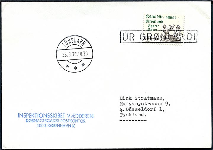 Grønaldsk 100+20 øre Sport på brev annulleret med skibsstempel Úr Grønlandi og sidestemplet Tórshavn d. 26.8.1976 til Düsseldorf, Tyskland. Afs.-stempel fra Inspektionsskibet Vædderen.