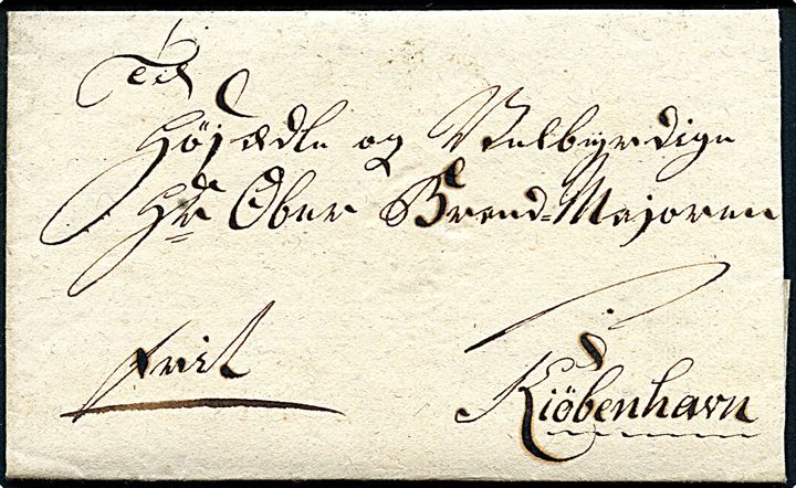 1803. Francobrev mærket Frit dateret Odense d. 23.10.1803 fra Brand-Inspecteur Ørnstrup til Ober-Brand-Majoren i Kiøbenhavn. Fuldt indhold.