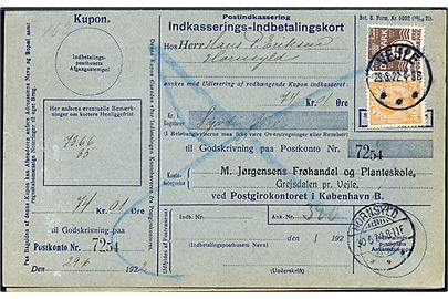 5 øre Bølgelinie og 30 øre Chr. X på retur Indkasserings-Indbetalingskort fra Vejle d. 29.6.1922 til Hornsyld.
