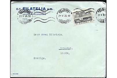 2 mk. Kalevala single på brev fra Helsinki d. 21.5.1935 til Ljusdal, Sverige.